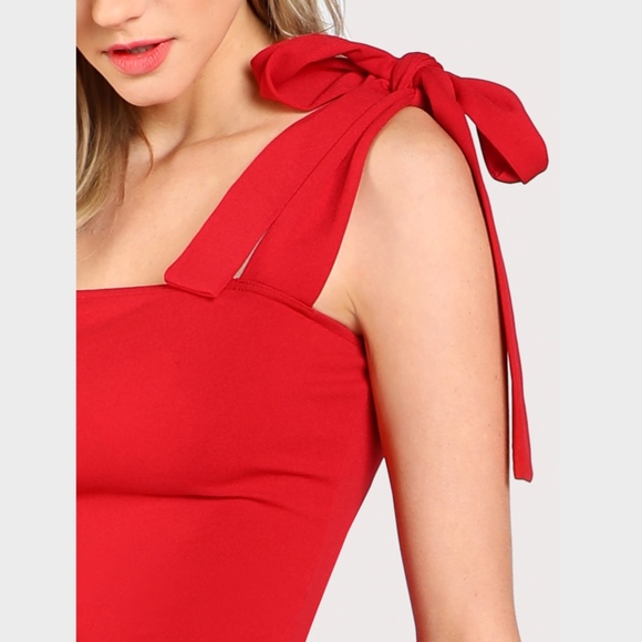 Red Fishtail with Strap Ties Dress Bodycon Midi - Picture 5 of 8